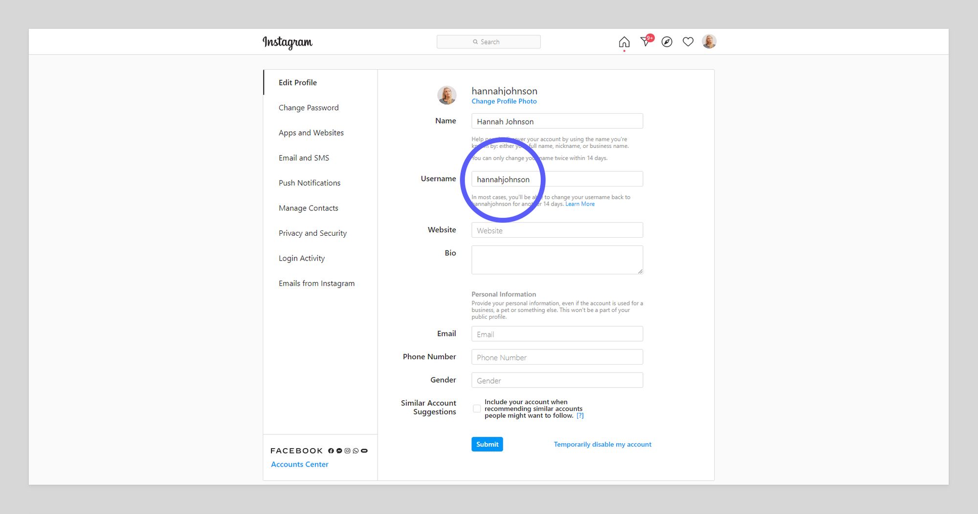 Edit Instagram Username on computer